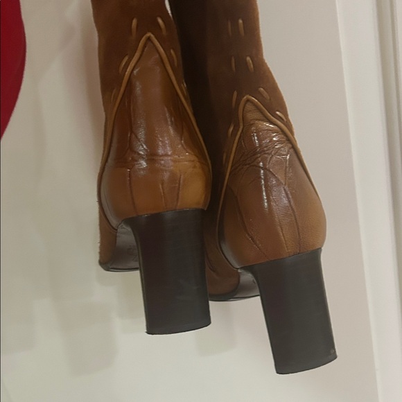 Made In Italy Camel Tan Brushed Suede and Leather High Calf Heeled Boots - Picture 13 of 14